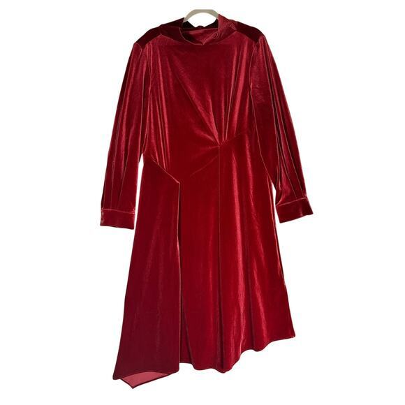 Soft Surroundings Saorise Red Velvet Midi Dress Sz 18 NWOT Ruched Asymmetric - Picture 2 of 13